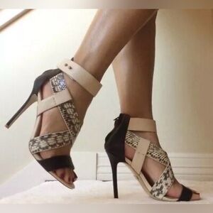 Badgley Mischka Keenan Cage Heel Snake Print Black Nude 4” Heels Sz 7M